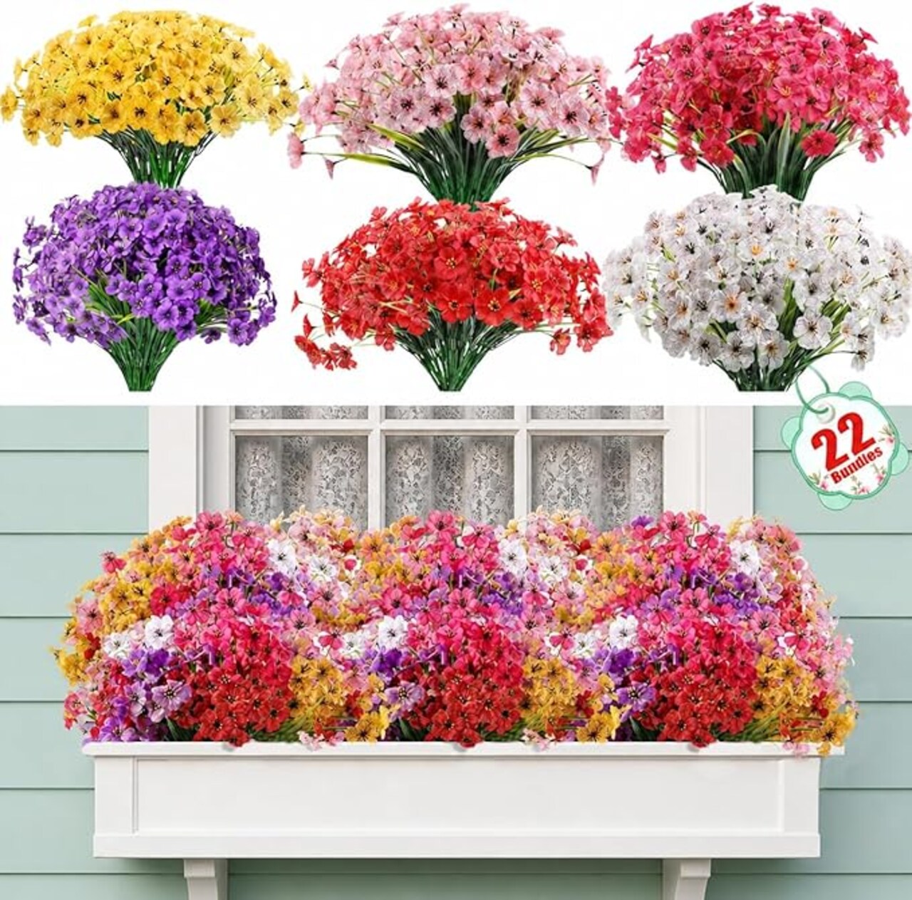22 Pack Artificial Flowers for Outdoor Indoor Fake Plants, Faux Silk Flowers for Outdoors Outside Front Porch Hanging Planter Window Box Garden Spring Decoration(Multi-Colour)